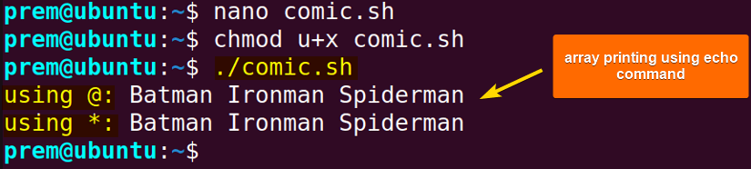 printing the array using echo command