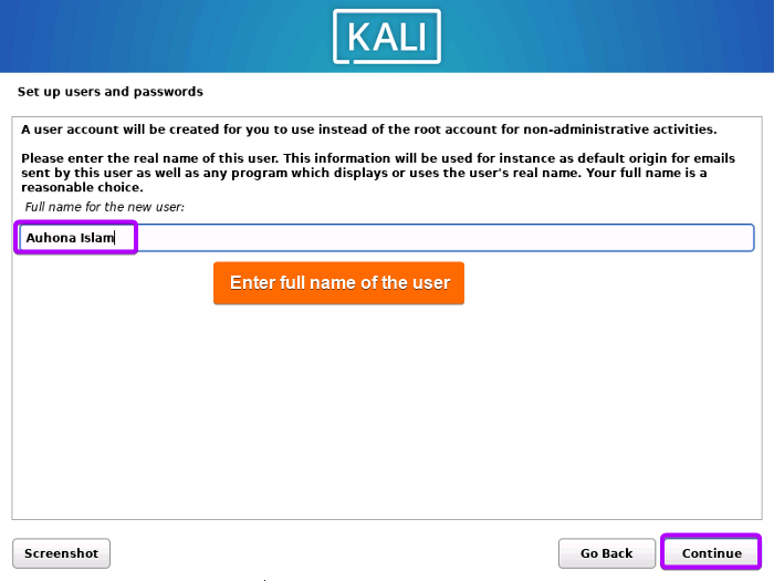 Enter full name of the user.