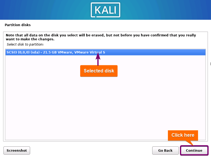 Selecting disk to partition