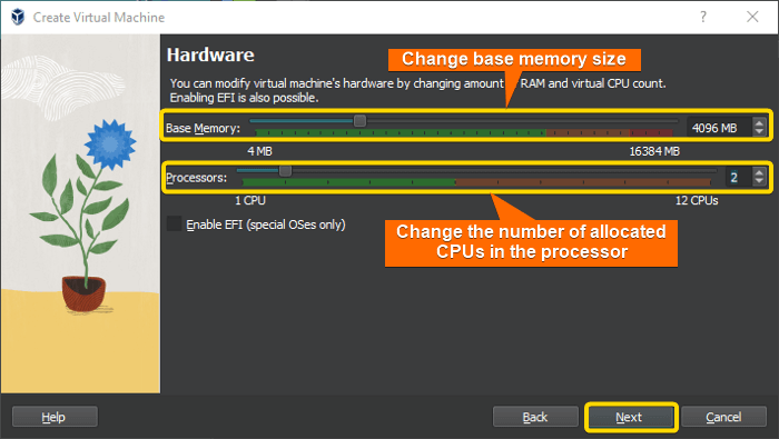set RAM and CPU cores for VM
