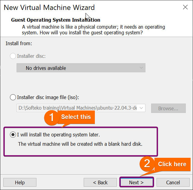 select install operating system later and clicking on next
