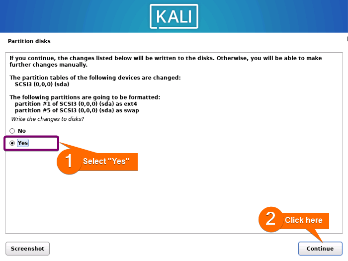 Selecting Yes to confirm disk write