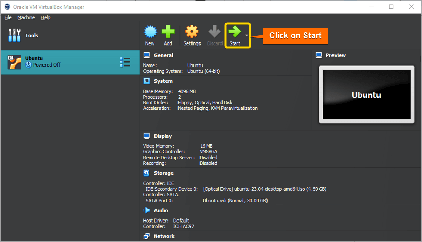 start the virtual machine (VM)