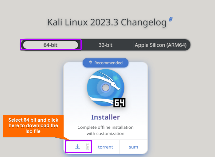 Choose the 64 bit option and click on download arrow to get the iso file.