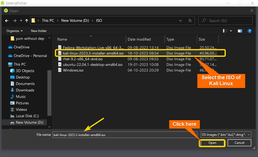 Selecting kali linux iso file from the downloaded location