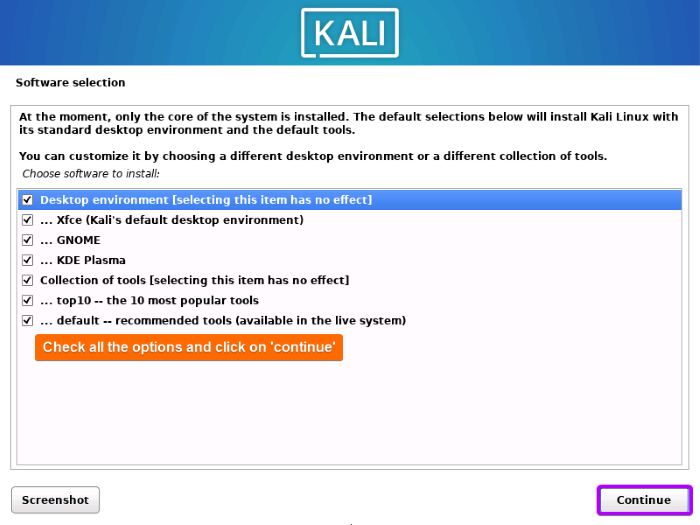 Select the software you want to install in Kali Linux.