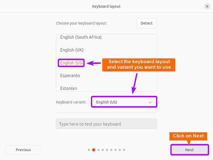 select your preferred keyboard layout and variant