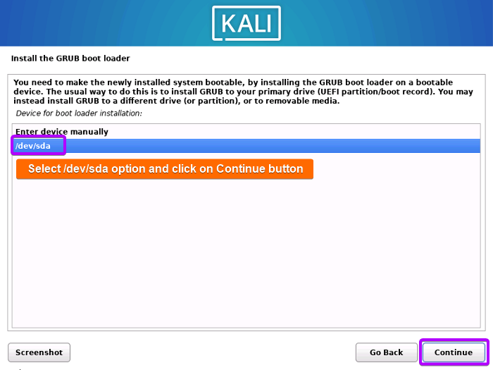 Select device for boot loader installation.
