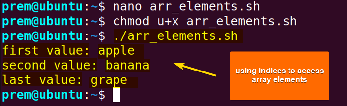 accessing array elements of bash using index
