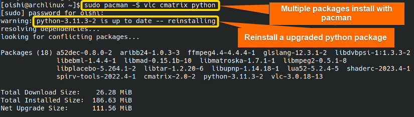 Install multiple packages with pacman