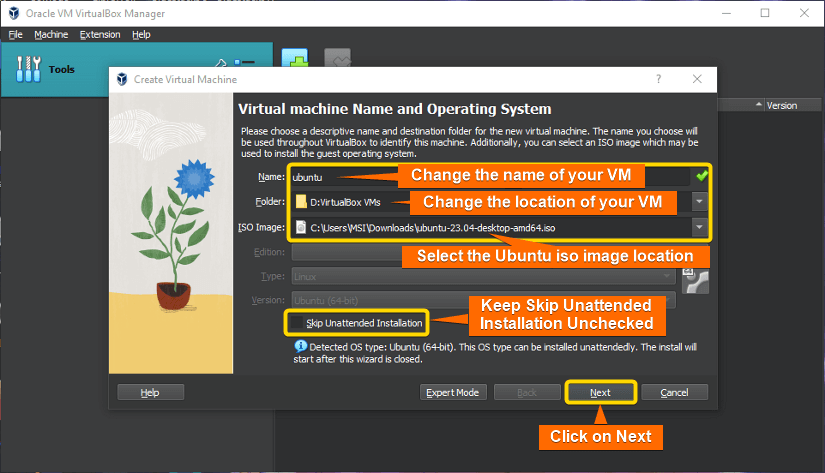 set up vm name and installation location