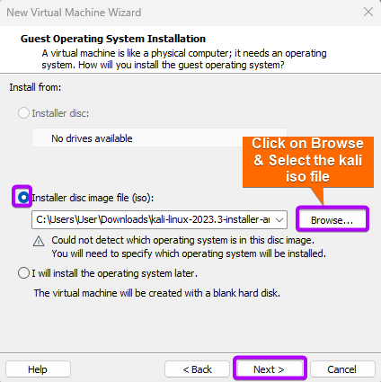 Click on Browse and select previously downloaded kali iso file.