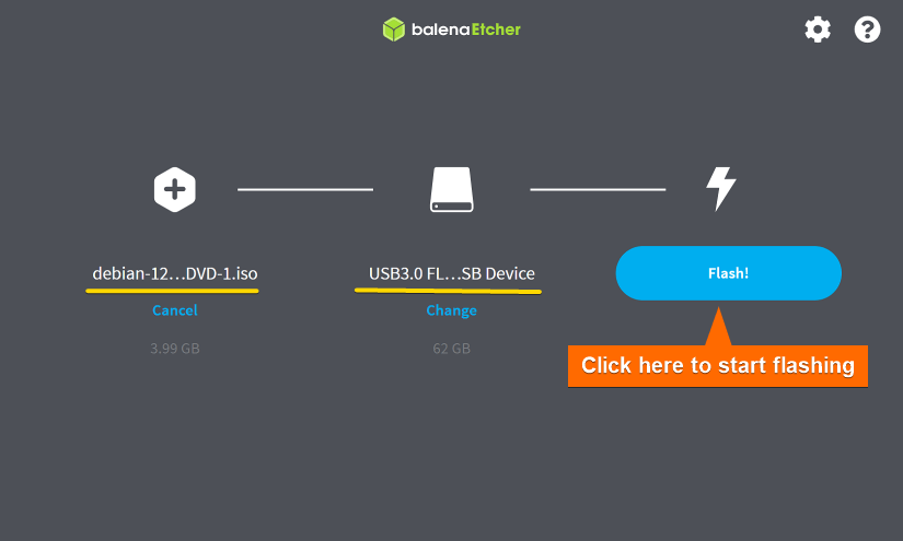 Clicking on Flash to start flashing ISO into the USB