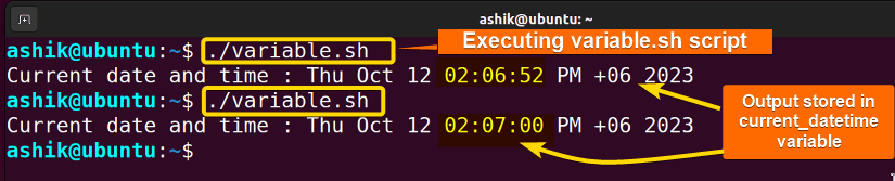 Executing variable.sh script that pipe output of a command to a variable