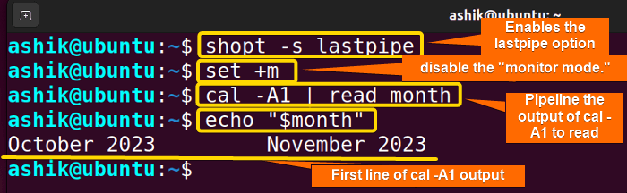 Enabling lastpipe and read from pipe of cal command to month variable