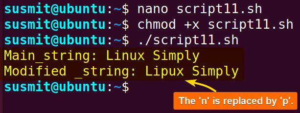 This Bash script has replaced the 'n' with the 'p' utilizing the tr command.