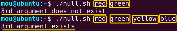 Checking if input arguments exist in bash comparing with NULL string