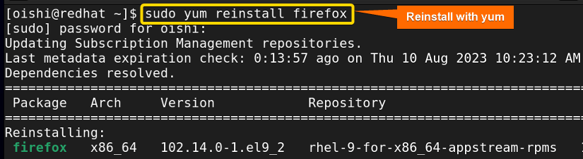 Reinstall a package with yum package manager