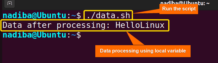 Output of data processing using local variable