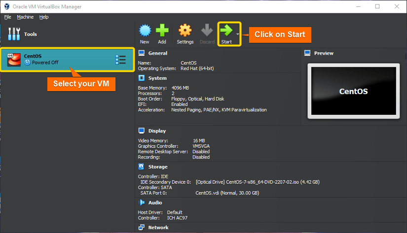 start centos virtual machine on virtualbox