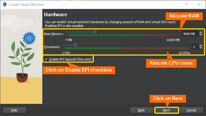 allocate ram and processor for vm, click on Next.
