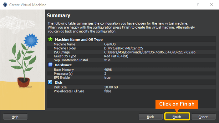 revise vm details and click on finish