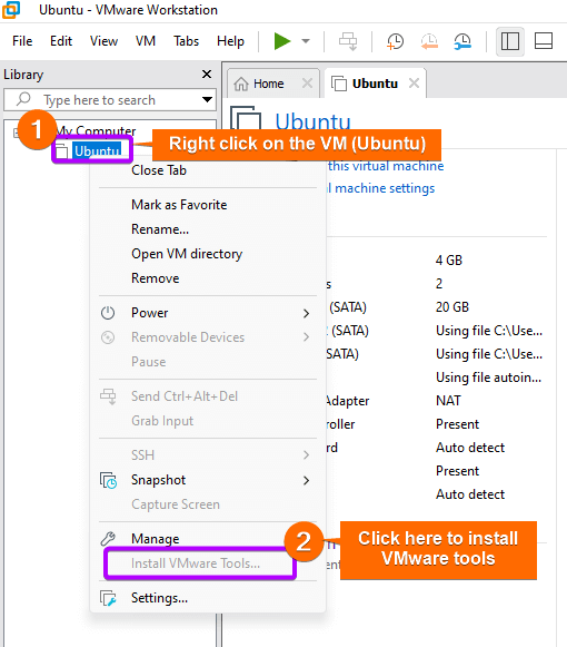 Check VMware tools installation status and click on the install option.