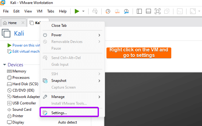 Navigate to settings from the VM.