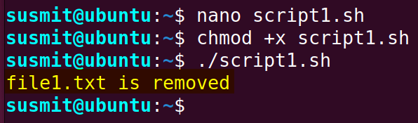 After checking the existence of the “file1.txt” file, the rm command has deleted the file.