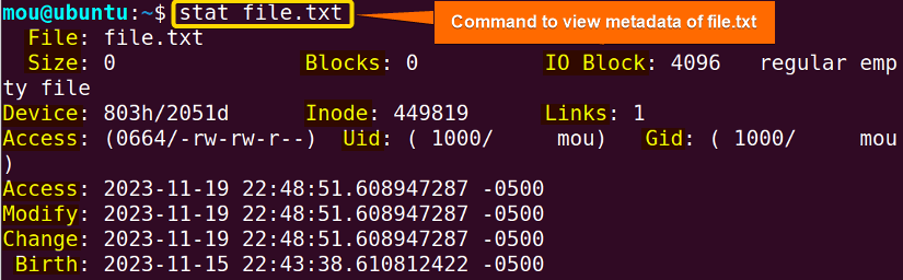 showing the contents of file information and metadata
