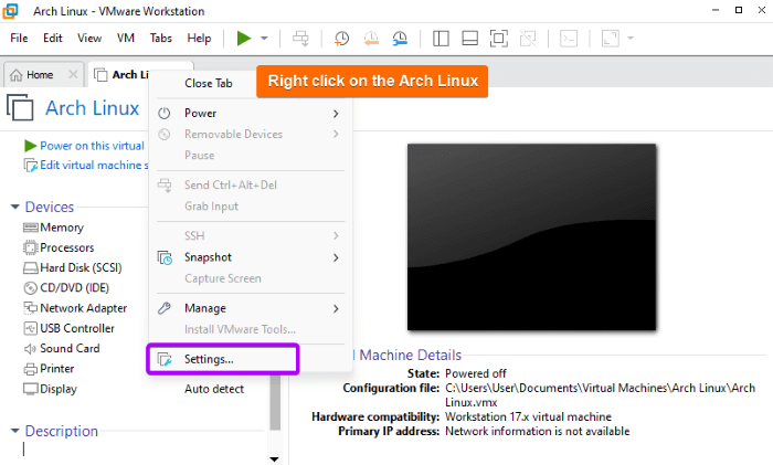 Right click on the Arch Linux and click on the settings.