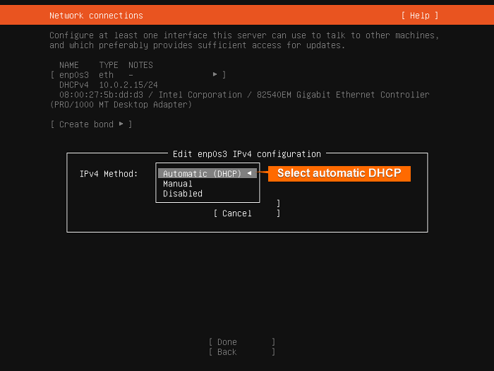 Select automatic dhcp on network connection