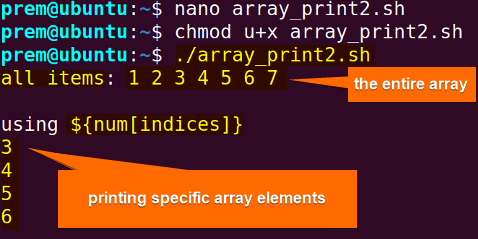 bash printing specific 4 items from 7 items using index
