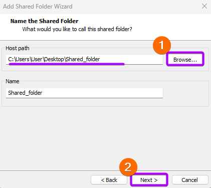 Browse a folder path from the host OS.