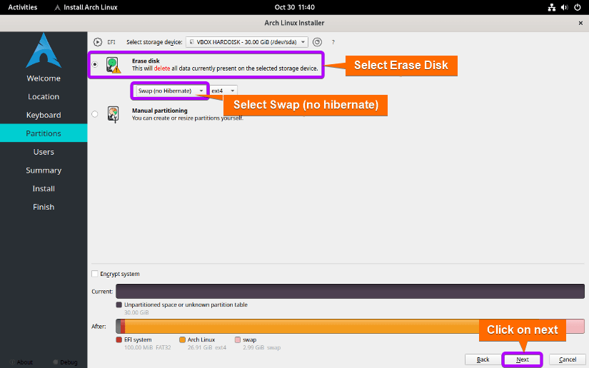 select your storage device and select erase device. select swap (no hibernate)