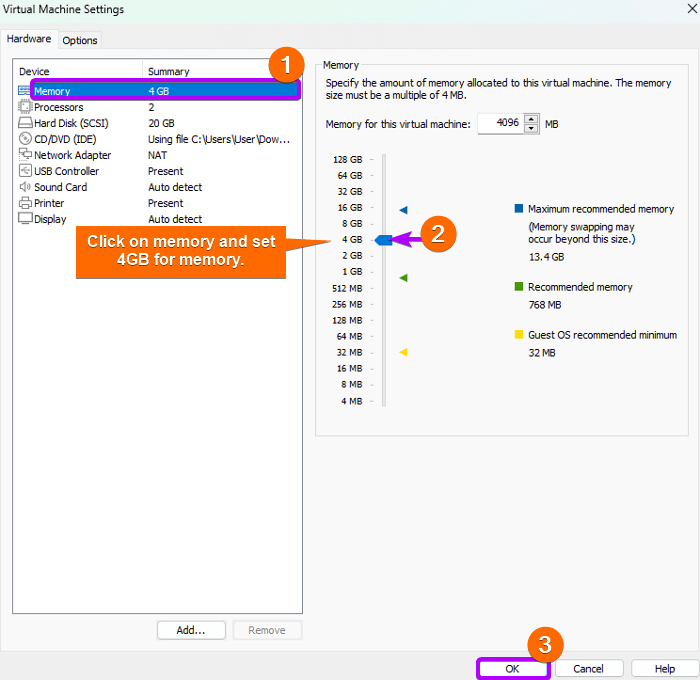 Allocate 4GB memory to this virtual machine.