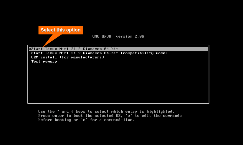 Selecting "Start Linux Mint 21.2 Cinnamon" for installation.