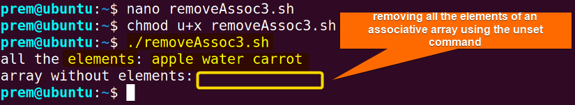 using unset command to remove items