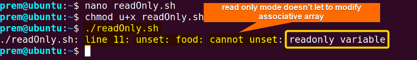 use declare -r to make array read only