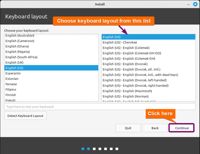 Selecting keyboard layout English(US)