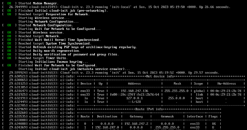 Shows the booting of Arch Linux VM.