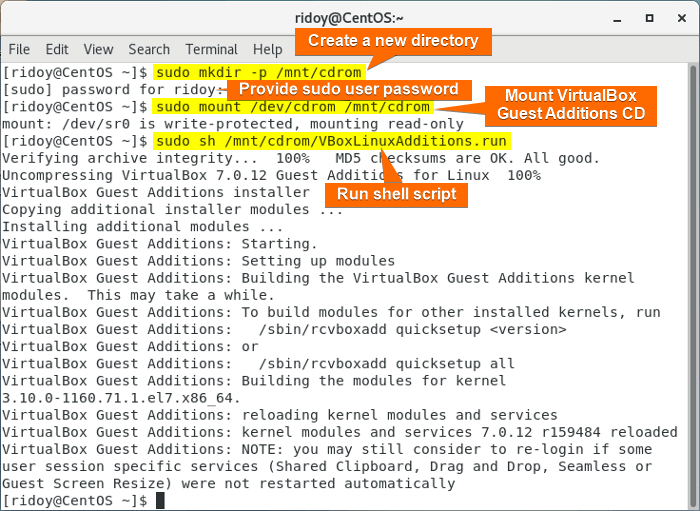 create new directory and mount the guest additions cd image