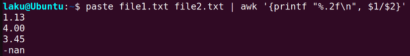 Calculating division of values from two different files