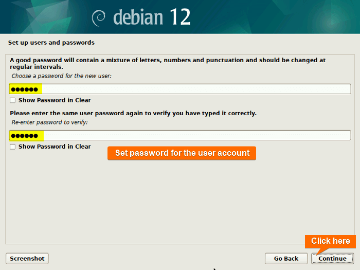 set password for the user account