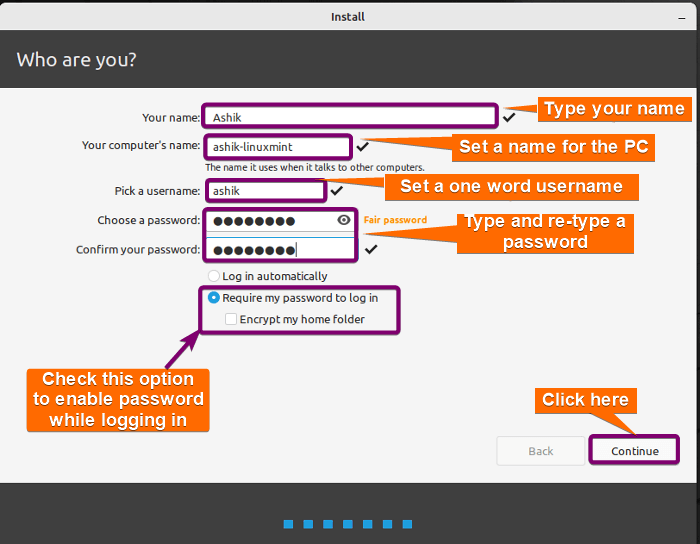 Set user name, computer's name, username, password and checked "Require my password to log in"