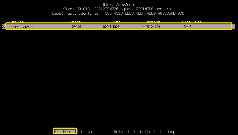 Select "New" and press ENTER to create the first partition.