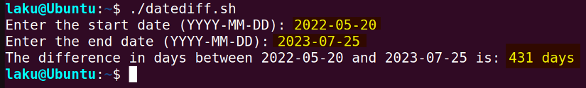Finding difference between two dates in Bash