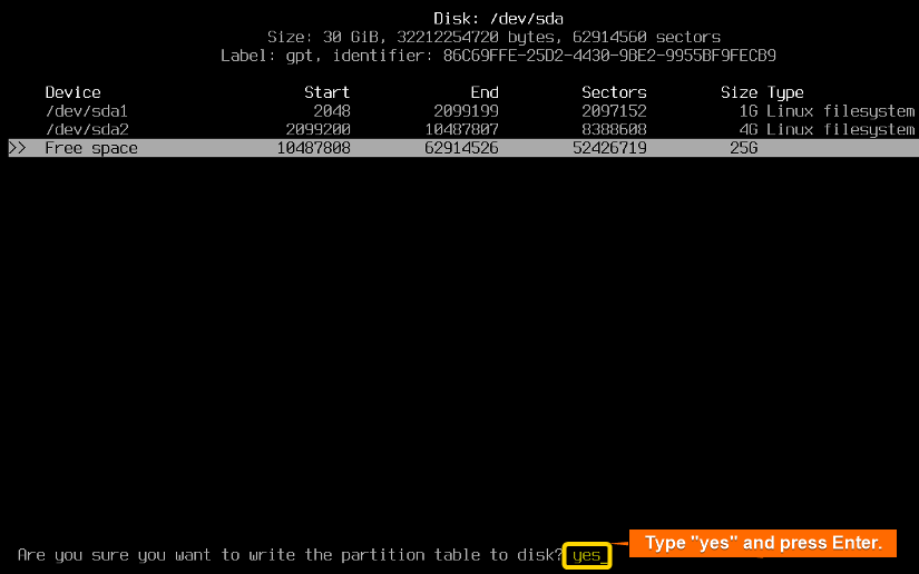 Press "yes" to write the partition table in the disk.