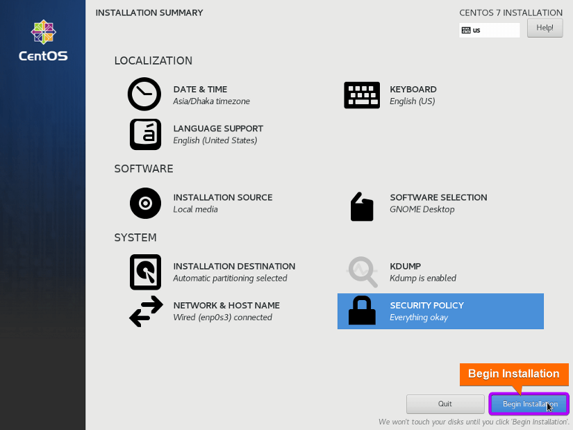 click on begin installation to start centos installation on virtualbox