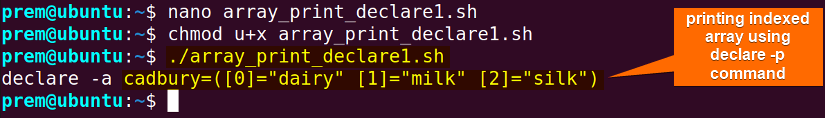 printing indexed bash array using declare -p command